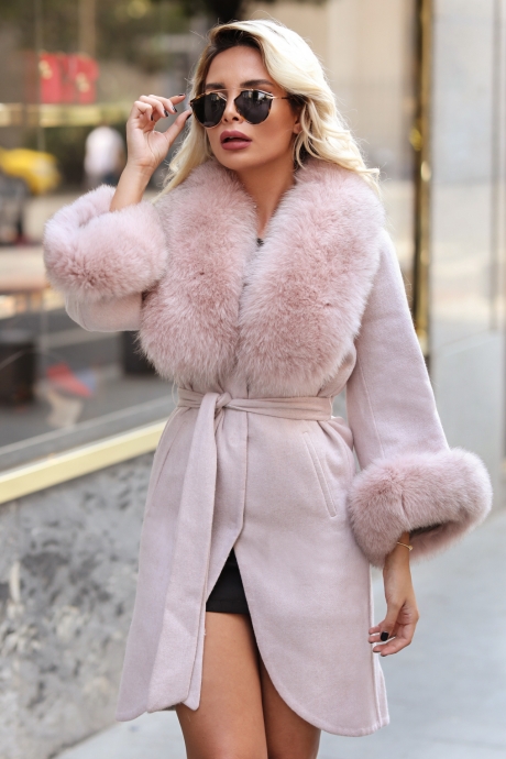 Palton dama roz prafuit din lana de alpaca cu guler din blana naturala de vulpe cu par lung Natasha