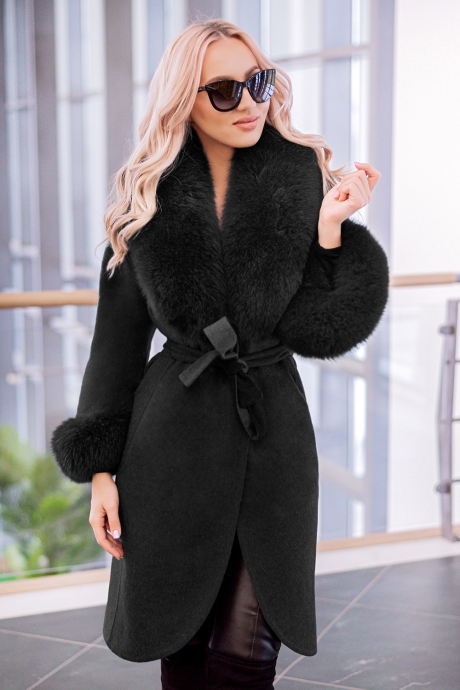 Palton dama negru din lana de alpaca cu guler din blana naturala de vulpe cu par lung Natasha