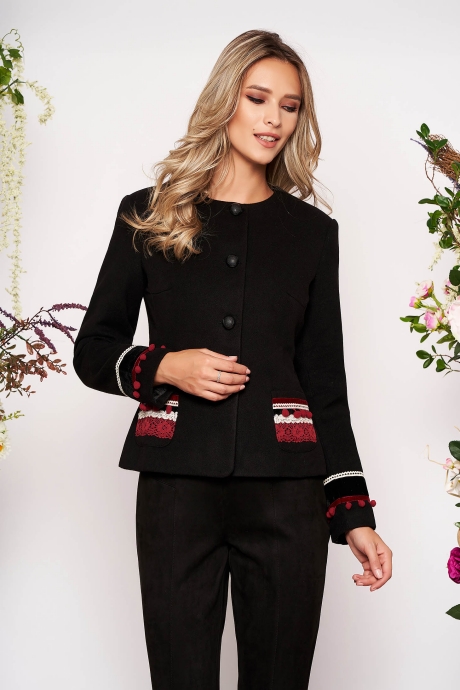 Sacou LaDonna negru din lana cambrat elegant tip blazer cu aplicatii cusute manual